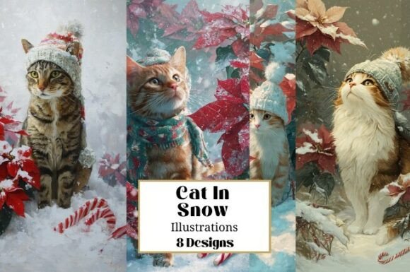 8 Cats in Snow Christmas Illustrations Review for Real Crafting