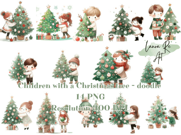 Children with a Christmas Tree Doodle Illustration Review