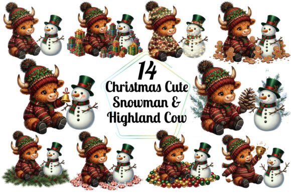 Christmas Cute Snowman Highland Cow Set: A Versatile Illustration for Festive Branding