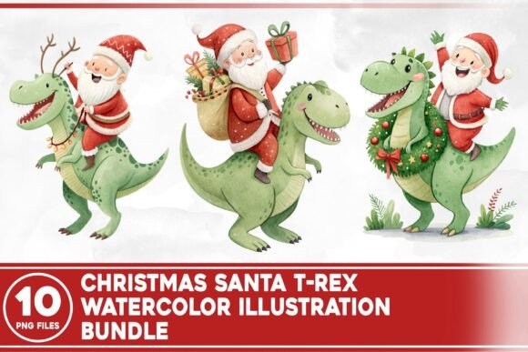 Christmas Santa T-Rex Watercolor Bundle: A Festive Illustrations Pick for Content Creators