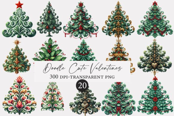 Christmas Tree Damask Clipart for Holiday Illustrations