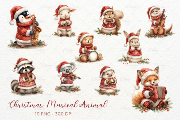 Cute Animal Musical in Christmas Clipart: A Festive Graphic Design Asset for Marketers