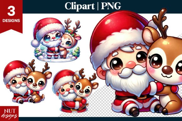 Cute Christmas Clipart, Santa and Deer: A Festive Graphic Design Asset