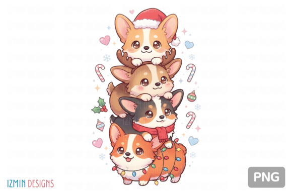 Cute Christmas Corgi Puppy Stack PNG Art: A Festive Illustration for Designers