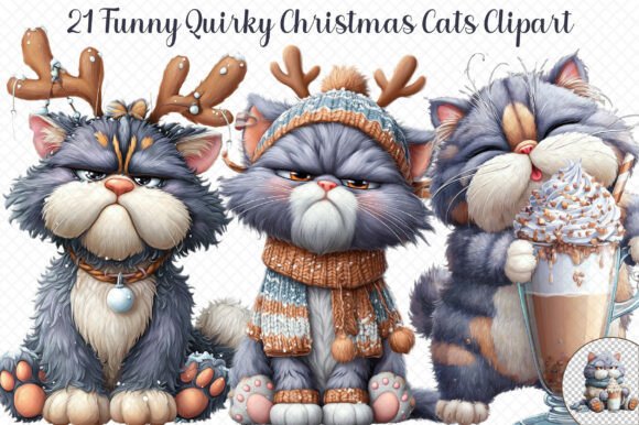Funny Quirky Christmas Cats Clipart for Festive Branding & Illustrations