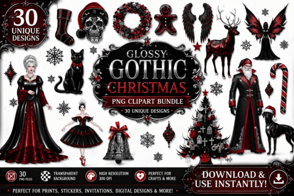 Glossy Gothic Christmas Clipart: A Bold Design Asset for Seasonal Projects