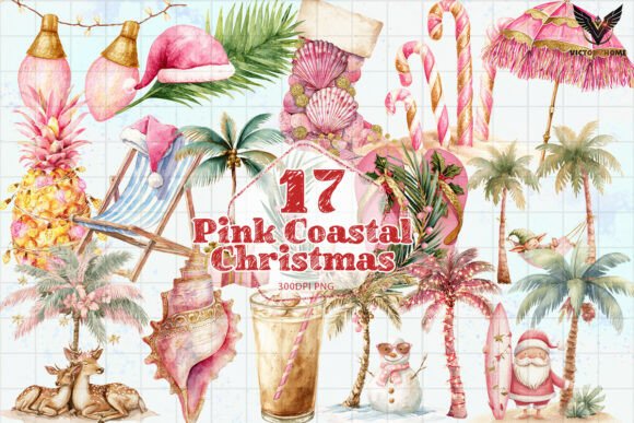 Pink Coastal Christmas Clipart Pack PNG: A Vibrant Graphic Design Asset for Creative Marketers