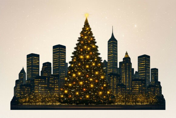 Urban Skyline Christmas Tree PNG: A Holiday Illustration for Modern Content