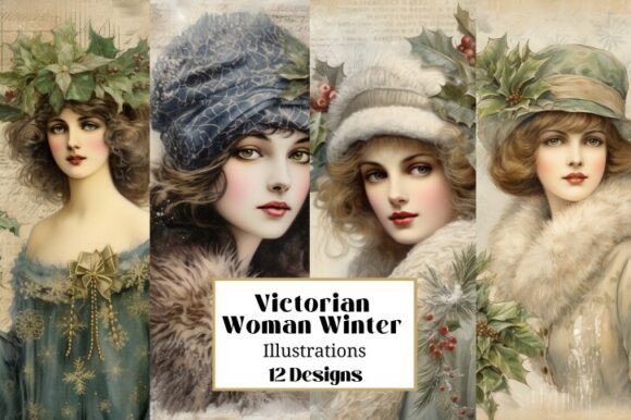 Victorian Christmas Woman Illustrations: A Timeless Graphic Design Asset