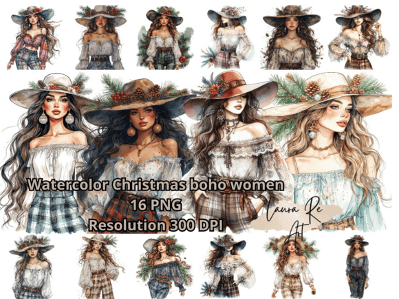 Watercolor Christmas Boho Women: A Versatile Illustration Asset for Content Creators