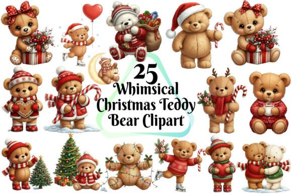 Whimsical Christmas Teddy Bear PNG Set: A Festive Graphic Design Asset for Crafters
