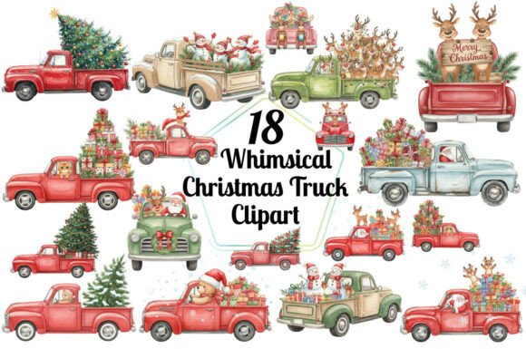 Whimsical Christmas Truck PNG Set: Festive Illustrations for Local Business Branding