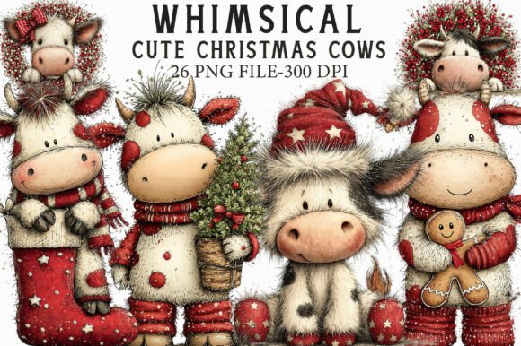 Whimsical Cute Christmas Cows Clipart: A Festive Graphic Design Asset